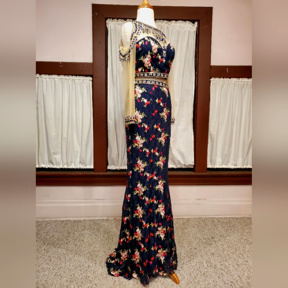 Boho Embroidered Midnight Blue Two Piece Gown